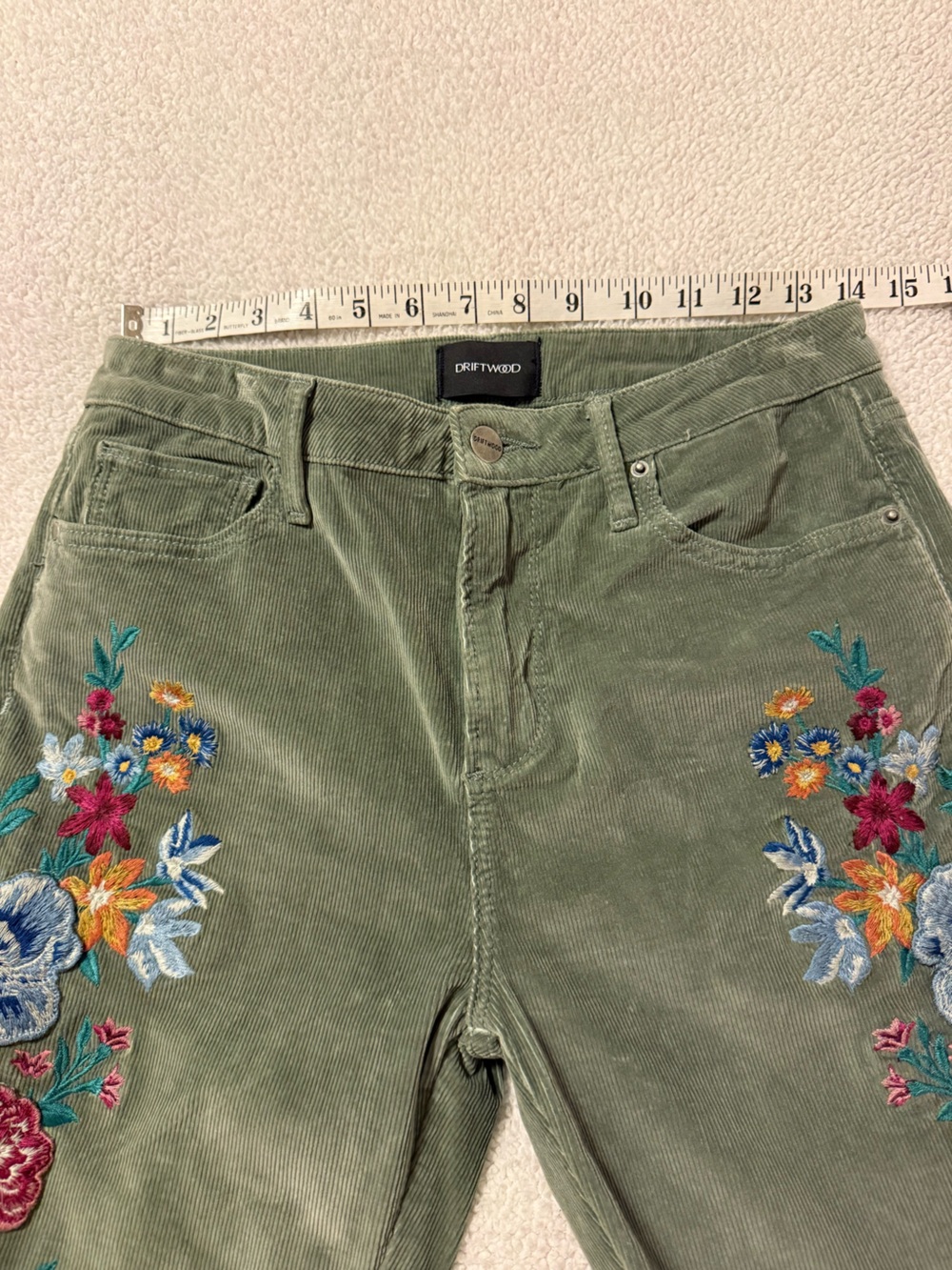 DRIFTWOOD x Free People Farrah Embroidered Corduroy Flare Pants Green Wide Leg - Picture 7 of 16